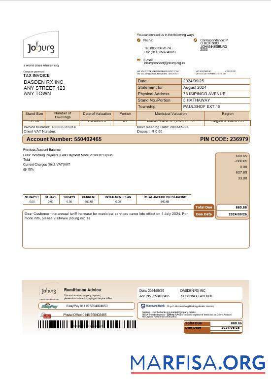 Downloadable South Africa Joburg business utility bill Word and PDF template pages